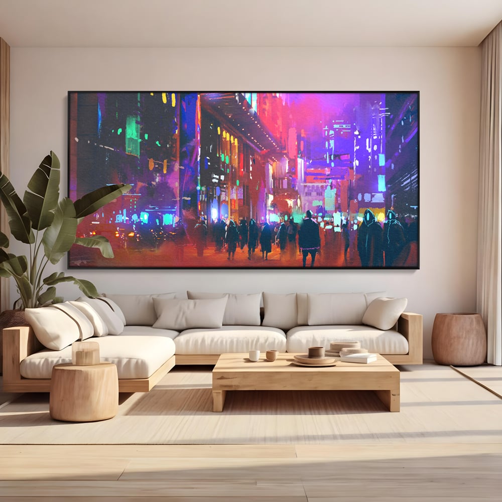 Tablou canvas cu ilustratie digitala cu oras nocturn, in rama de aluminiu negru, pe perete intr-un living